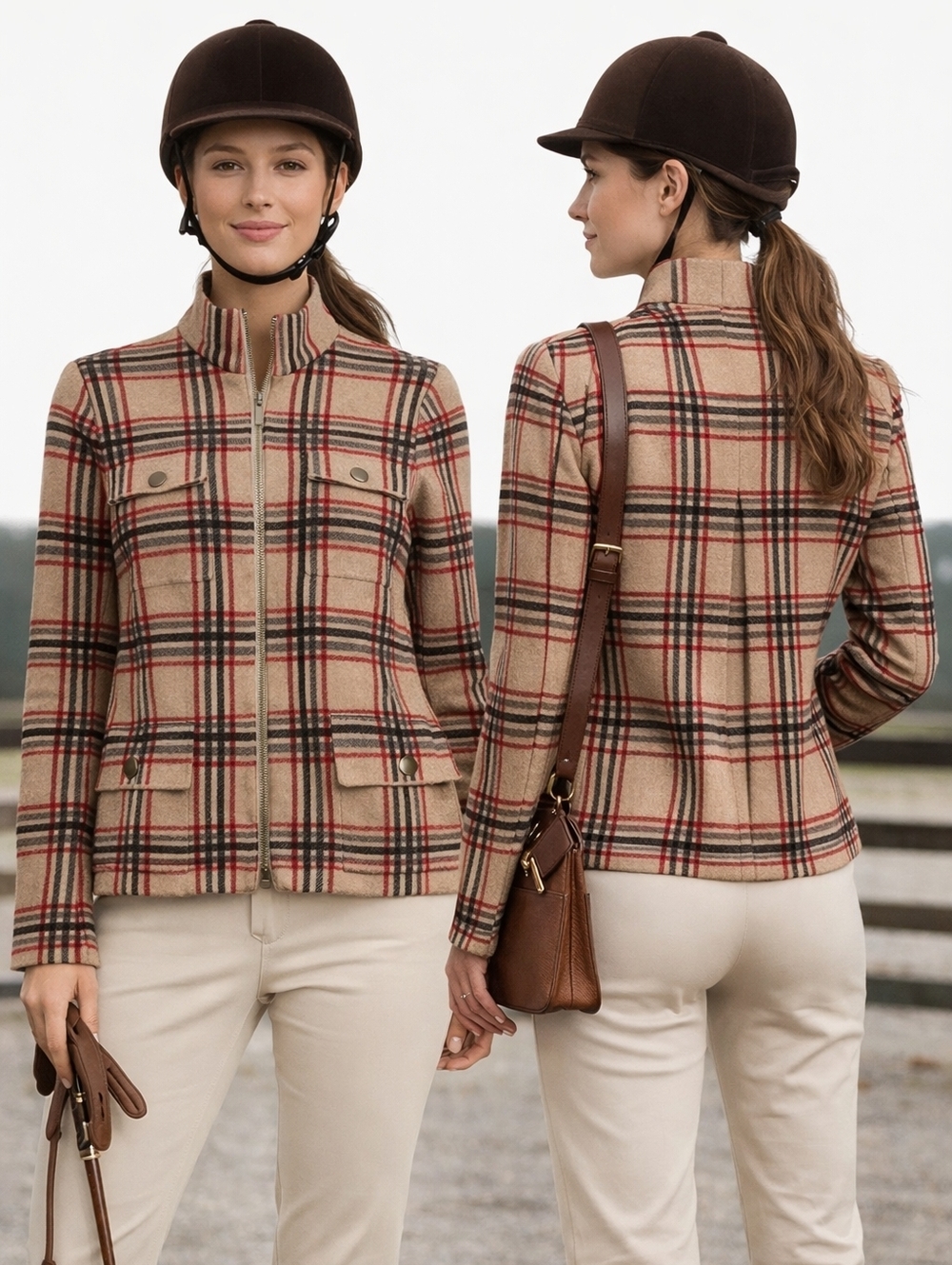 RACHEL ZOE Jacket Womens Medium Tan Red Plaid Zip Up Preppy Heritage Old Money